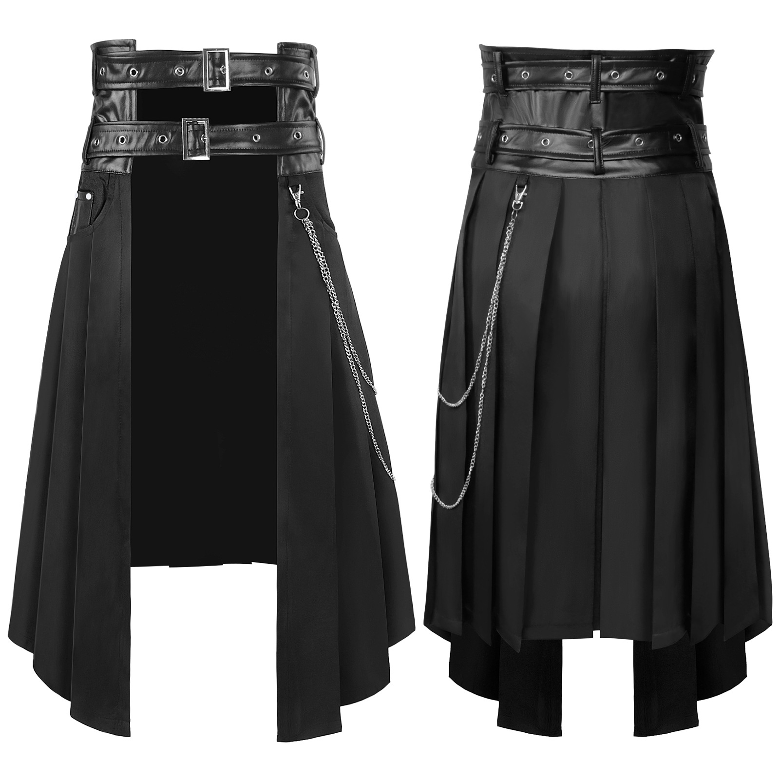 Ethnic Wear - Gotische donkere herenrokbroek, asymmetrische geplooide rok,