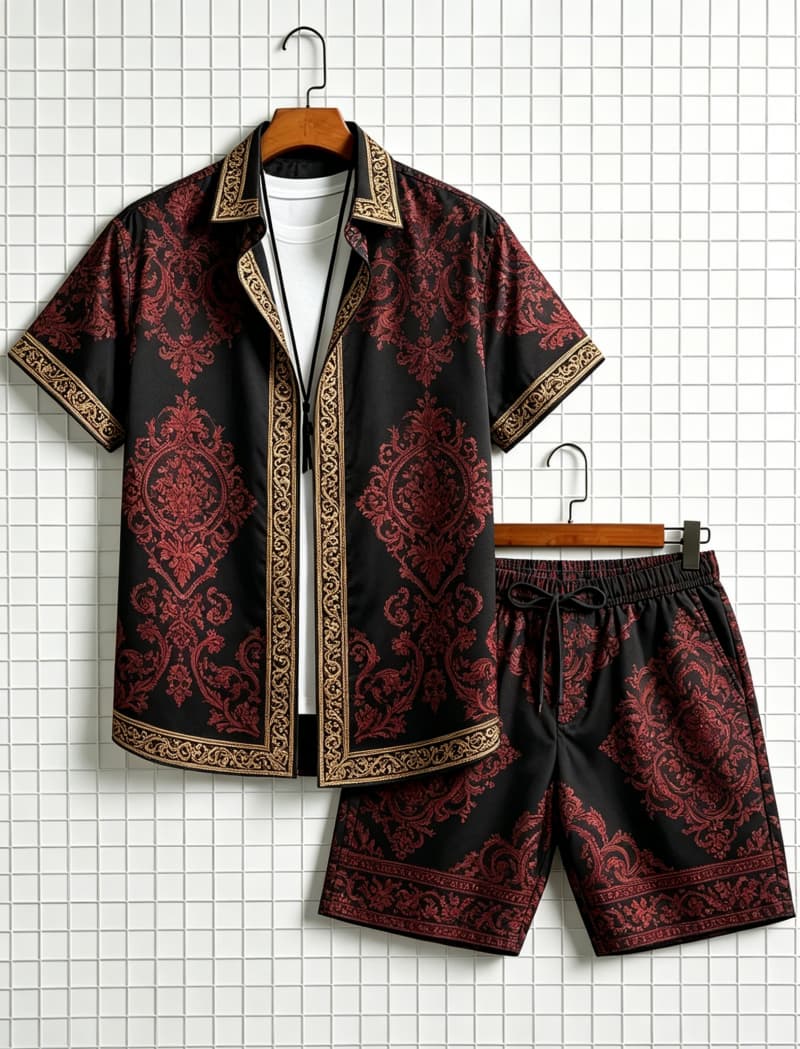 Ethnic Fashion - Herenset met etnische print, korte mouwen,