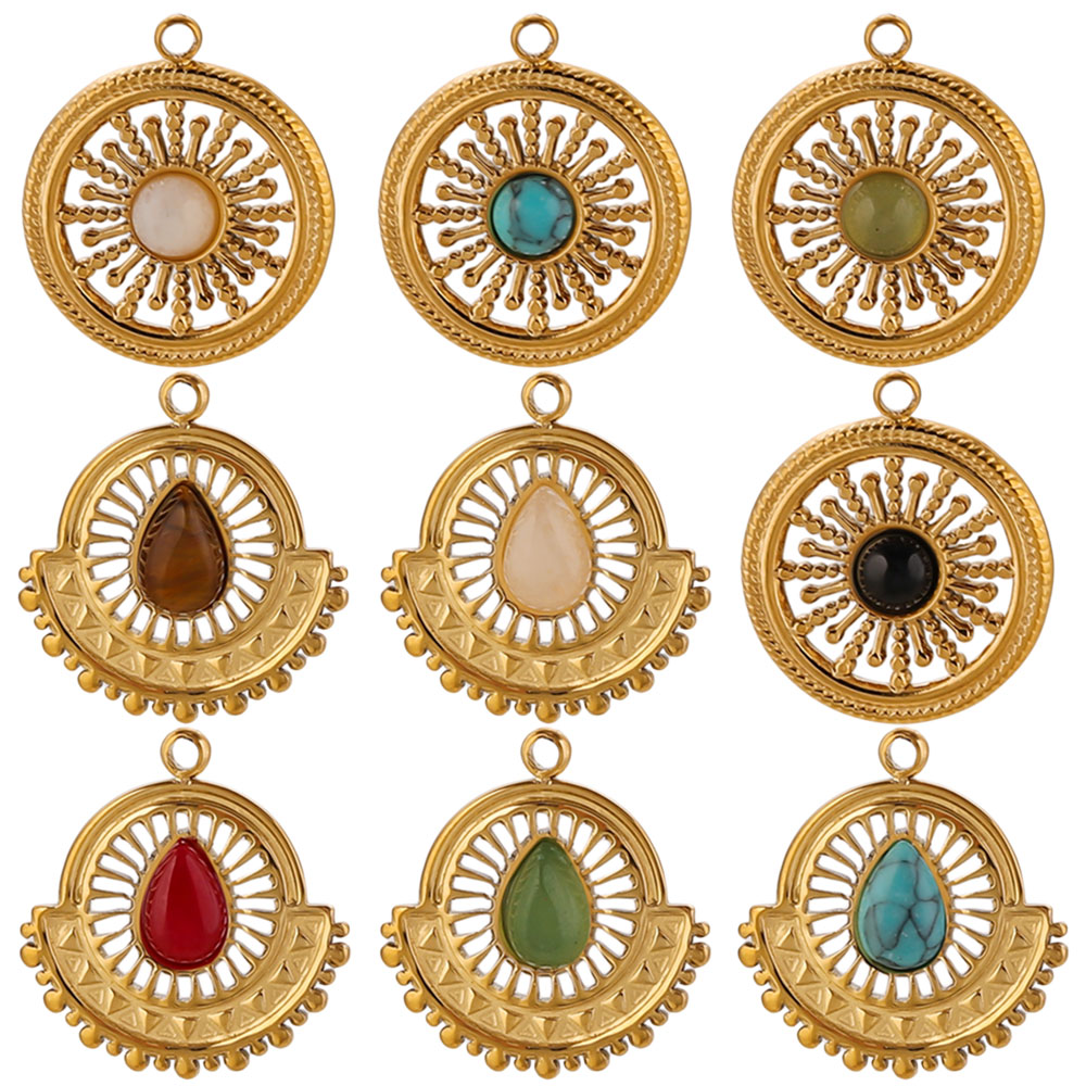 Ethnic Fashion Accessories - 4 stuks roestvrijstalen bloemwaaier natuursteen bedels